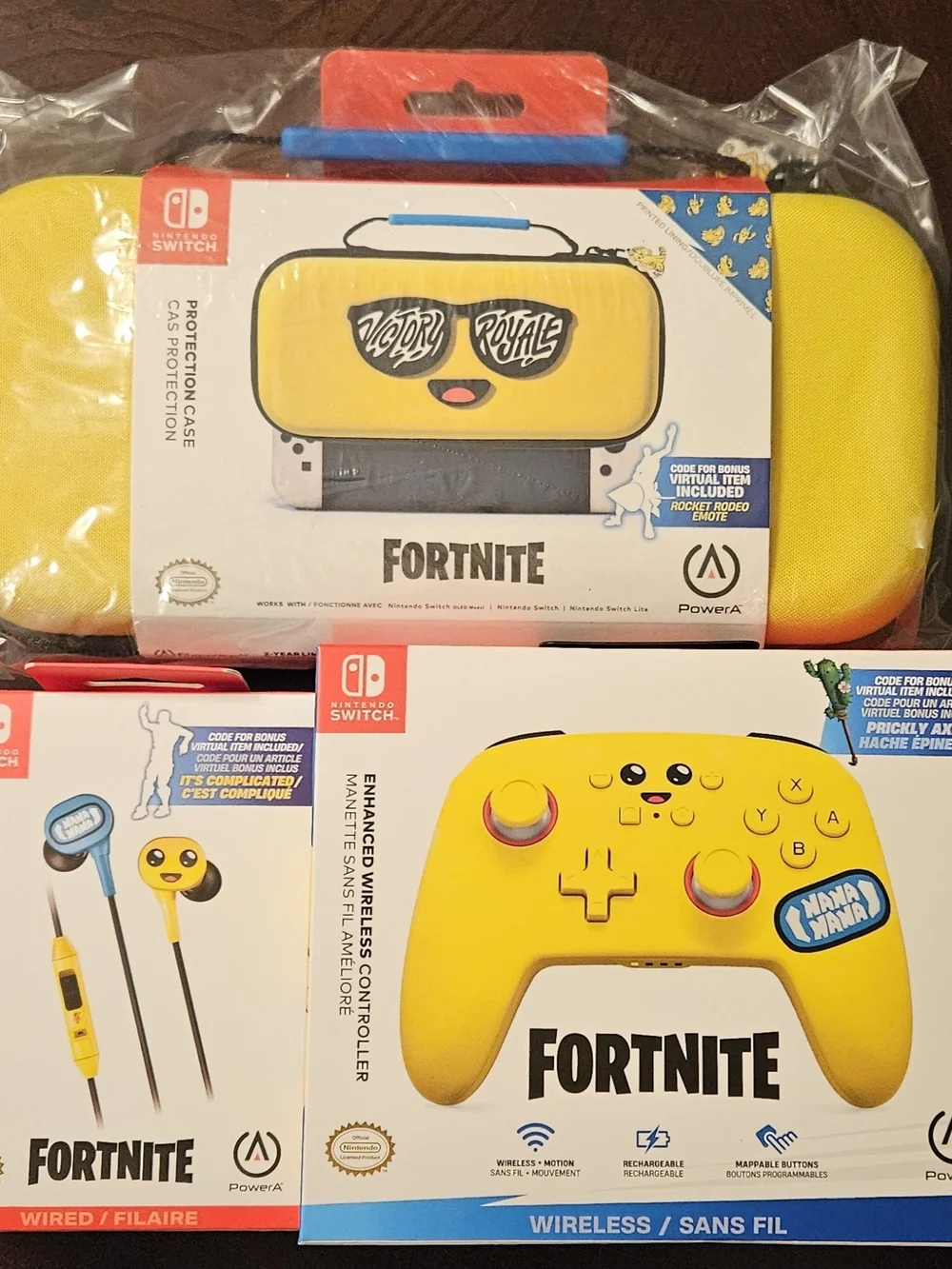 Nintendo Switch Fortnite Yellow Wireless Controller, Carrying Case And Earbuds